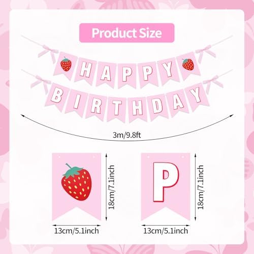 Strawberry Happy Birthday Banner Decorations, Pre-Strung Letter Garland with Berry Accents for Girls Birthday Party, Baby Shower, Indoor Outdoor Wall Decor and Photo Backdrop, Pink