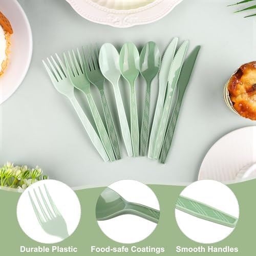 Kochorie 360 Pieces Gradient Sage Green Plastic Cutlery Set
