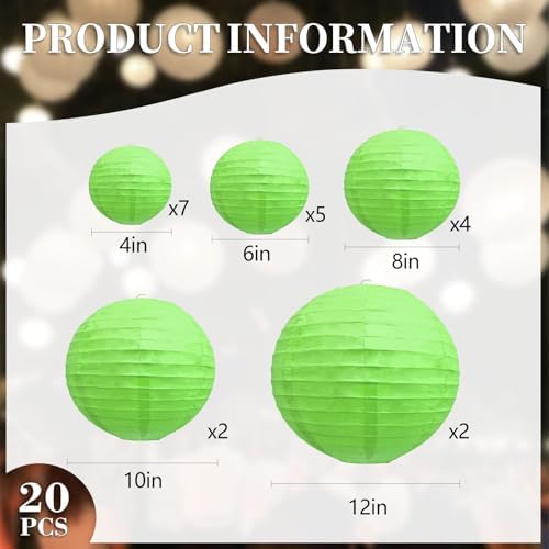 20Pcs Green Paper Lanterns for Parties, 4” 6” 8” 10” 12” Chinese Asian Hanging Round Paper Lanterns for Birthday Wedding Halloween Christmas Home Decor Party Decor