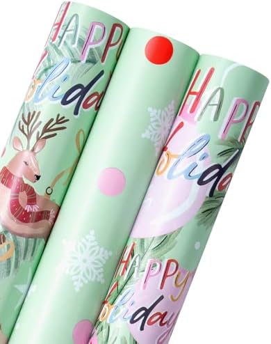 WRAPAHOLIC Christmas Wrapping Paper Roll - Mini Roll - 3 Rolls - 17 Inch X 120 Inch Per Roll - Happy Holiday Lettering with Christmas Ball and Elk, Snowflakes Holiday Collection