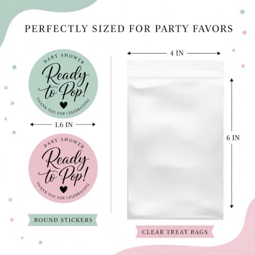 Ready to Pop Baby Shower Favor Bags, 120 Stickers and 120 Clear Treat Bags, 1.6 Inch Blush Pink and Sage Green Popcorn Labels for Boho Baby Shower Decorations