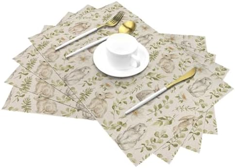 Spring Place mats Set of 4,12x18 Inches Green Rabbit Floral Leaves Placemats Rectangle Easter Decor Bunny Flower Table Mats for Party Home Kitchen Dining Table Decoration