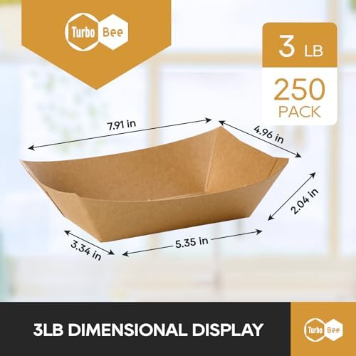 Disposable Paper Food Trays 3lb, 250 Pack Large Brown Paper Boats - Heavy Duty for Large Nachos, BBQ Ribs, Family Fries, Tacos - Ideal for Party Hosts, Sports Fans, Carnivals