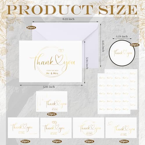 Eaasty 50 Sets Wedding Thank You Cards with Envelopes Stickers, 4x6 Inch