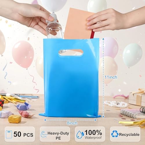 VieFantaisie 50 PCS Blue Party Favor Bags, 8" x 11" Goodie Bags for Candy Treat Craft Easter Egg, Plastic Gift Bag with Die Cut Handles for Birthday Party, School Events & Small Business, Wedding