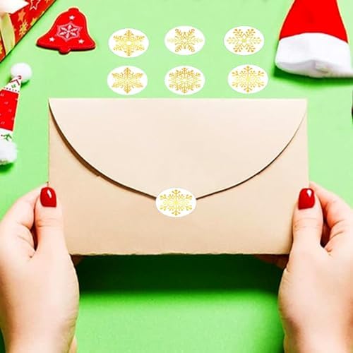 500Pcs Christmas Stickers Roll for Cards 6 Designs Gold Foil Snowflake Stickers Clear Xmas Winter Holiday Round Adhesive Label Stickers Decal for Xmas Envelopes Invitations Cards Gifts Decor