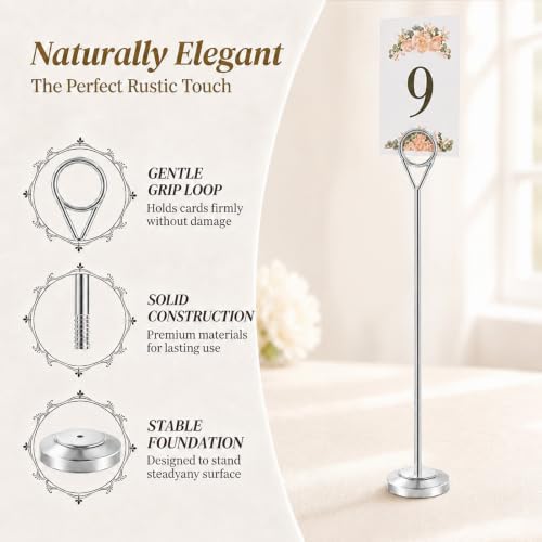 Radezon 12 Pack Silver Table Number Holders, 10inch Weighted Base Place Card Holders for Outdoor Wedding, Windproof Sturdy Metal Photo Stands for Reception Tables, Parties & Events