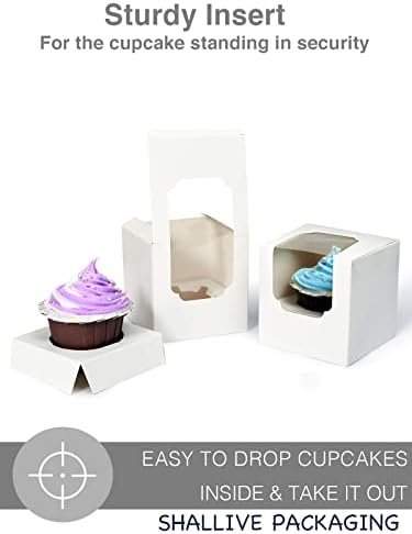 100 Pcs Individual Cupcake Box White with Insert, 3.5" Treat Boxes with Window Bulk for Hot Cocoa Bombs and Cookies, Pre-Assembled for Easter Wedding Birthday Baby Shower Party