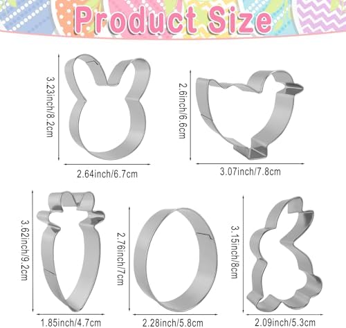 Easter Cookie Cutters, 5 Pcs Chick Carrot Egg Bunny Rabbite Shapes Metal Cookie Cutters, Stainless Steel Cutter Sets Biscuit Fruit Cutter for Easter Holiday Home Baking Kit Birthday Party Supplies