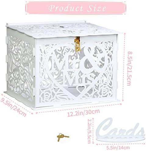 Jolik Wedding Money Box Holder with Sign, Large Rustic Wood Wooden DIY Envelop Gift Card Shadow Boxes with Lock Slot for Reception Anniversary Graduation Birthday Party Parties (Mr & Mrs, White)