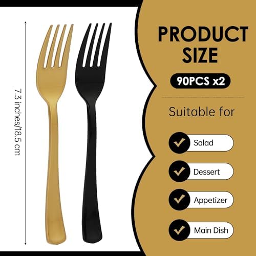 Kochorie 180 Pcs Black and Gold Plastic Forks Graduation Disposable Silverware Heavy Duty Plastic Cutlery Set Durable Utensils Flatware for Graduation Party Wedding Birthday Supplies and Daily Use
