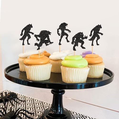 Ercadio 24PCS Werewolf Cupcake Toppers - Black Glitter Halloween Party Decorations for Wolf Birthday Cake Supplies