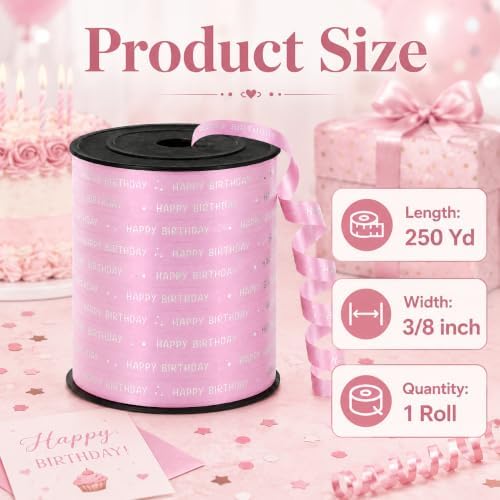 BEISHIDA 250 Yards Pink Happy Birthday Printed Crimped Curling Ribbon Balloon String Roll Gift Wrapping Ribbon for Baby Girl Women Birthday Party Decoration Supplies