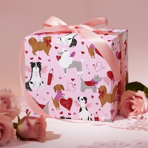 RUSPEPA Valentine's Day Golden Retriever Wrapping Paper Roll, Mini Roll, Cute Dog Pattern with Hearts and Balloons Gift Wrap for Wedding, Anniversary, Birthday, Pet Lovers, 17 Inches x 16.4 Feet