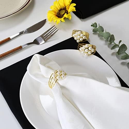 wonlex Thanksgiving Napkin Rings Set of 12, Pearl Napkin Ring Holder for Tables, Holiday, Wedding Reception (Gold Pearls)