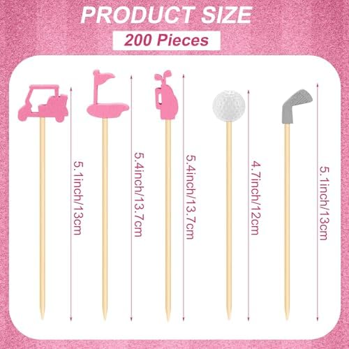 Aodaer 200 Pieces Golf Cocktail Picks for Appetizers 4.7 Inch Golf Themed Decorative End Fruit Toothpicks Skewers Bamboo Cocktail Picks for Sports Catered Events Buffet Party Supplies, Pink