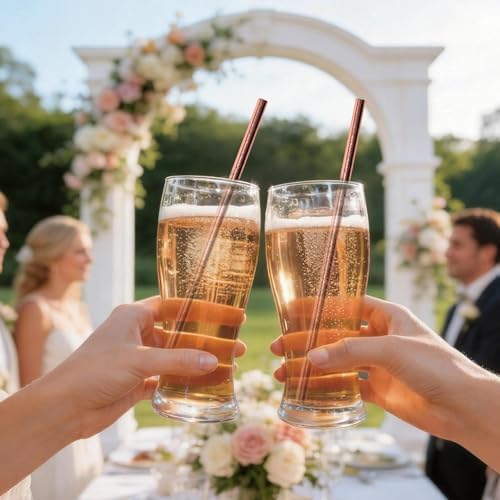 [100 Pack] Lives on Green Rose Gold Biodegradable Paper Drinking Straws, Disposable Party Straws for Birthday, Weddings, Cocktail Parties & Decorations (7.75'' x 0.24'')