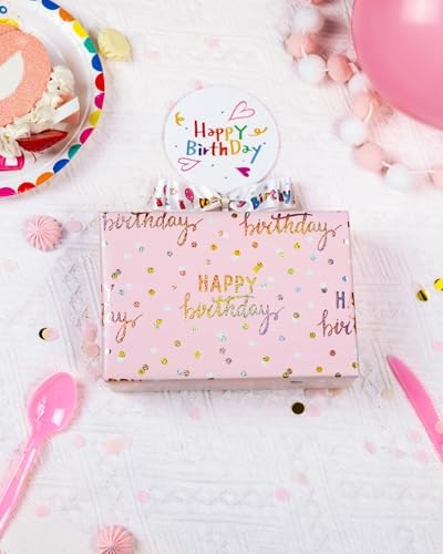 MAYPLUSS Birthday Wrapping Paper Roll, Pink Metallic Holographic Happy Birthday Wrapping Paper Featuring Revesible Stripe Gift Wrap Paper for Girls Boys Kids Men, 17 Inches x 33 Feet