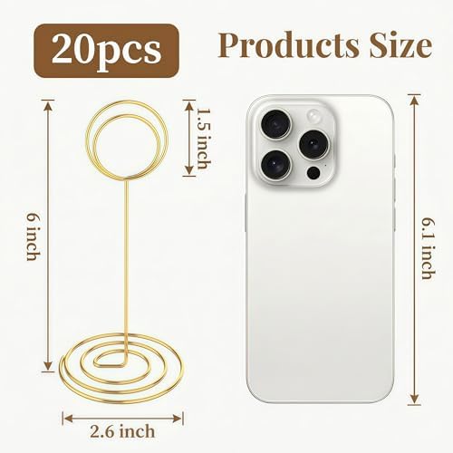 Radezon 20 Pcs Gold Table Number Holders, 6-Inch Place Card Holders With Widened Base, Wire Photo Stands for Tables, Name Menu Clips for Wedding Reception, Centerpieces and Events
