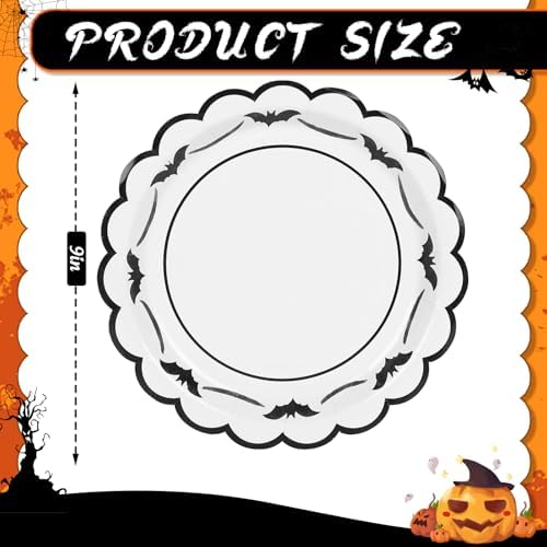JarThenaAMCS 50 Pcs Halloween Paper Plates Bat Scalloped Disposable Plate Spooky Decorative Tableware for Holiday Party Decor Supplies, 9 In