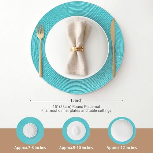 FunWheat Round Braided Placemats Set of 6 Table Mats for Dining Tables Woven Washable Non-Slip Place mats 15 inch(Turquoise, 6pcs)