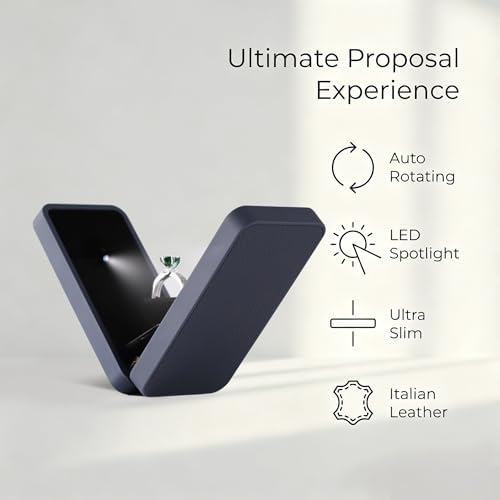 sunking Navy Blue Italian Leather Engagement Ring Box, LED Rotating Proposal Ring Case with Cool White Light, Slim Pocket Size Ring Display Holder for Anniversary, Wedding & Surprise Proposal