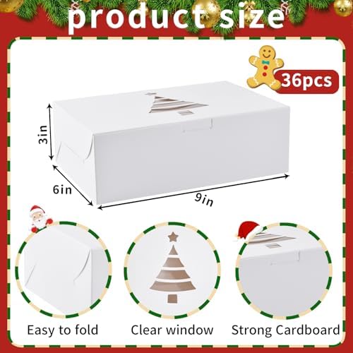 KPOSIYA 36 Pack Christmas Cookie Boxes for Gift Giving, 9x6x3 Inch White Bakery Boxes with Window, Large Holiday Cookie Tins with Lids, Small Xmas Treat Boxes for Pastry Dessert Cupcakes Packaging
