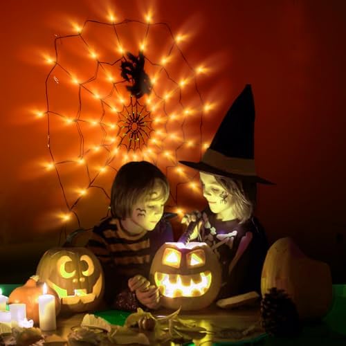 LCHUANG Halloween Decorations Spider Web Lights - 2 Pcs Light Up Spider Web, 4FT Diameter 70 LED with Black Spider, Waterproof, Remote Control, 8 Modes Cobweb Halloween Decorations (Purple+Orange)