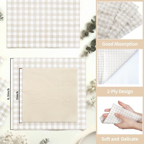 NatNarr 80 Pk Gingham Napkins Light Brown Napkins Tan Disposable, 6.5"