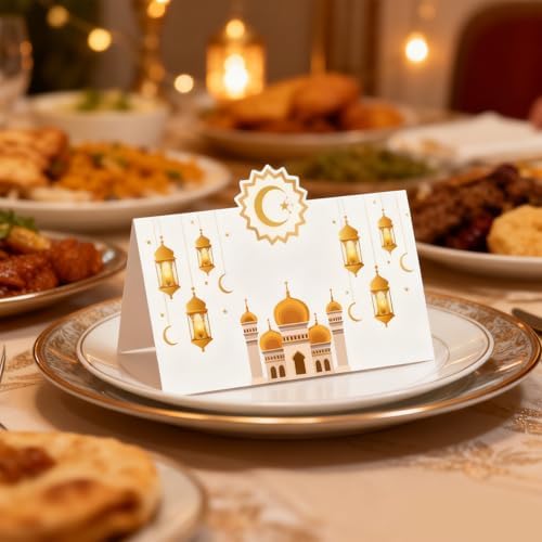 Auch Eid Place Cards - 40pcs Eid Mubarak Table Tent Cards Set Folded Ramadan Name Card for Eid Al-Fitr & Eid Al-Adha Dinner, Iftar Party Table Decorations, Buffet & Food Labelsr 4 Designs (White)