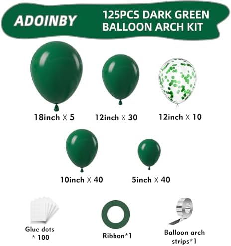 Green Balloon Arch Kit, 125Pcs Emerald Hunter Dark Green Latex Balloon Garland kit, 18 12 10 5 Inch Different Size Balloons for Anniversary Birthday Jungle Theme Christmas Party Decorations