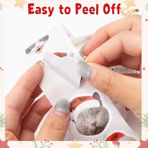 H1vojoxo Christmas Cat Sticker Rolls - 1000PCS Christmas Cat Stickers for Kids 16 Designs Xmas Cute Cats Realistic Stickers for Craft Water Bottles Holiday Cute Cats Sticker for Envelopes Gift Decor