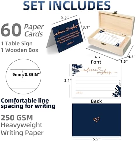 Navy Blue Advice and Wishes Cards with Decorative Wood Box - 60 Pack Tropical Palm Leaves Message Cards - Keepsake Guest Book Alternative for Graduation, Wedding, and Anniversary