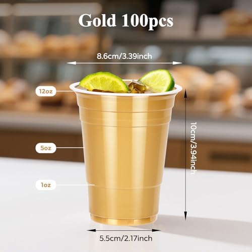 100 Pack Gold Plastic Cups 12 oz, Disposable Bulk Beer Cups for Parties