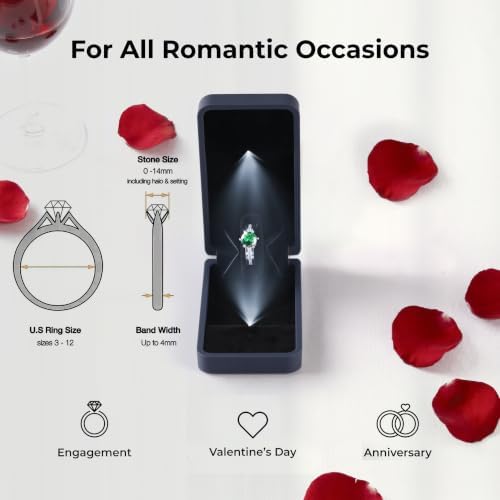 sunking Navy Blue Italian Leather Engagement Ring Box, LED Rotating Proposal Ring Case with Cool White Light, Slim Pocket Size Ring Display Holder for Anniversary, Wedding & Surprise Proposal