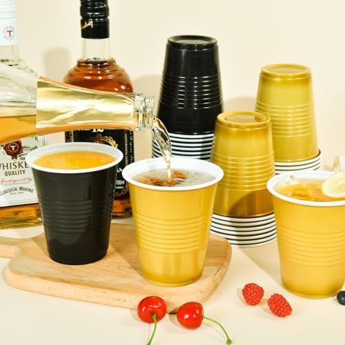 Vumdua Gold and Black Plastic Cups Disposable Cups, 12 oz Plastic Party Cups for Graduation, Christmas, Wedding, Birthday Party Supplies, Pack of 40