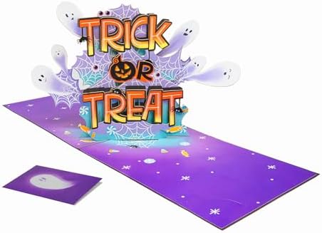 POPWOW Trick Or Treat Pop Up Card, Happy Halloween, Ghost, Spider Silk, Scary 3D Greeting Cards, Gifts for Boy, Girl, Friend, Kid, Brother, Sister, 5x7 - Includes Envelope And Message Note