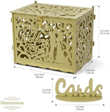 Jolik Rustic Wedding Card Box with Sign, Locking Gift Collection Money Holder for Wedding Reception & Party Decor, Gift Card & Envelope Storage, Anniversary & Birthday Party Decoration (Gold)