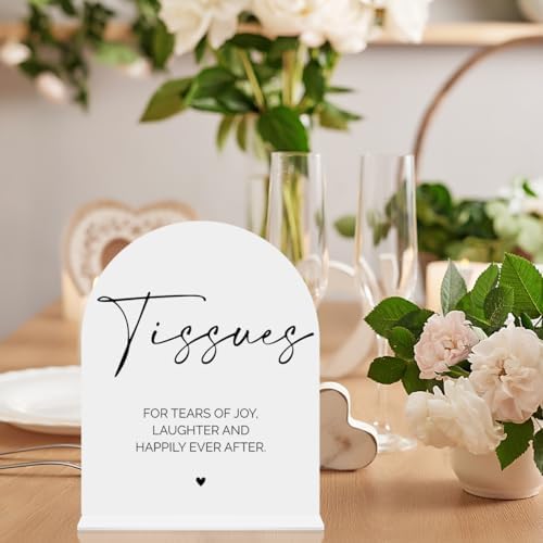 Tissues Acrylic Sign, Favor Wedding Engagement Bridal Shower Decor for Ceremony Modern Calligraphy Arch Acrylic Table Top Sign for Wedding Reception and Event Party 8x10 inch