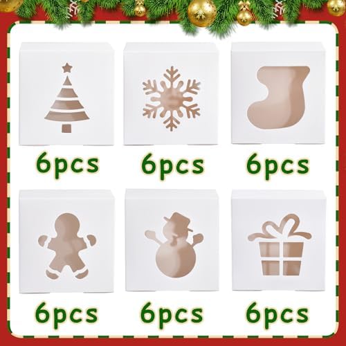 KPOSIYA 36 Pack Christmas Cookie Boxes for Gift Giving, 6x6x3 Inch White Bakery Boxes with Window, Large Holiday Cookie Tins with Lids, Small Xmas Treat Boxes for Pastry Dessert Cupcakes Packaging