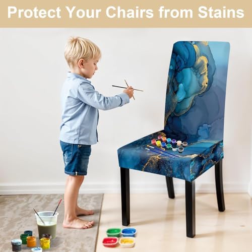 Blue Marble Chair Covers Set of 4, Stretchable Dining Chair Slipcovers with Elegant Blue & Gold Abstract Design, Washable Chair Protectors for Dining Room, Kitchen & Event Décor
