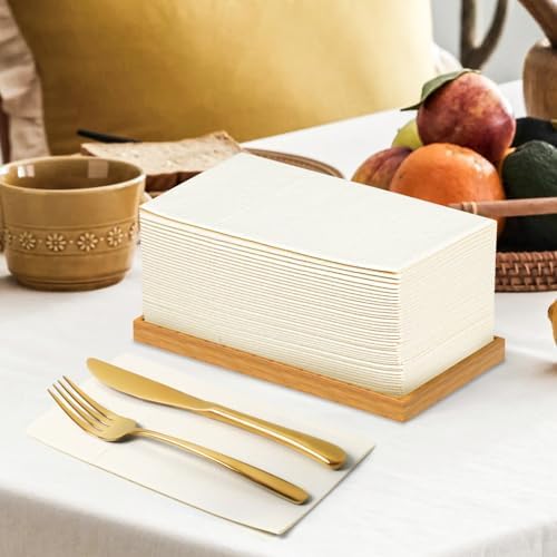KAMMAK Dinner Napkins Disposable Beige Cloth like Paper Napkins with Pocket 100 Pack Folded Napkins Guest Hand Towel for Party Decoration, Wedding Reception, Bathroom and Kitchen (16.5 x 16.5 inch)