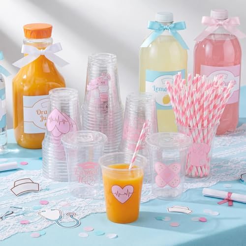 Jingmore 50 Sets Nurse Graduation Plastic Cups with Lids and Straws Cute Disposable Cold Beverage Drinking Cups for Birthday Party Decorations Supplies