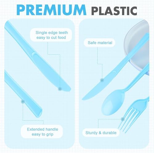 Kochorie 300 Pcs Light Blue Plastic Silverware, Disposable Plastic Utensils