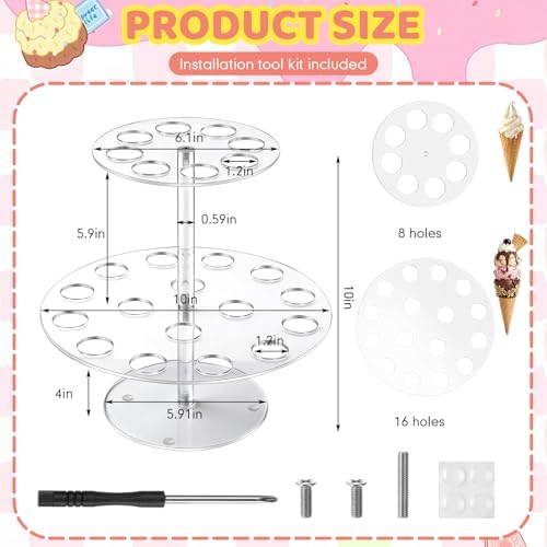 FoldTier 2 Pack Acrylic Ice Cream Cone Holder Stand, 2 Tier with 24 Holes