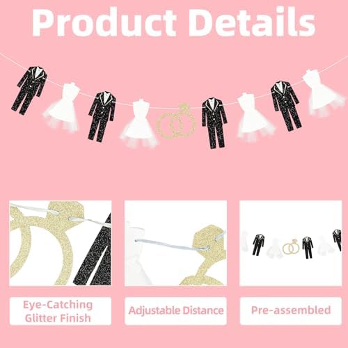 Bride and Groom Wedding Dress Garland Banner, 9.8 Ft Hanging Tuxedo and Gown with Gold Glitter Ring Cutout for Engagement Party, Bridal Shower, Bachelorette, Wedding Reception Decorations