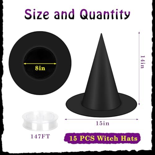 15 Pcs Halloween Decorative Witch Hats Thick Black Hanging Witch Hats