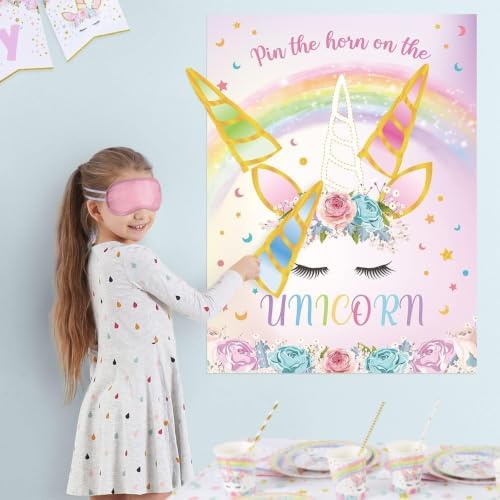 WERNNSAI Pin The Horn on The Unicorn Rainbow Birthday Party Games for Kids