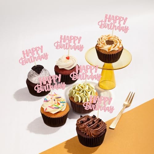 Gyufise 24pcs Happy Birthday Cupcake Toppers - Pink Glitter Celebrating Cake Picks - Baby Shower & Kids Party Decoration Supplies