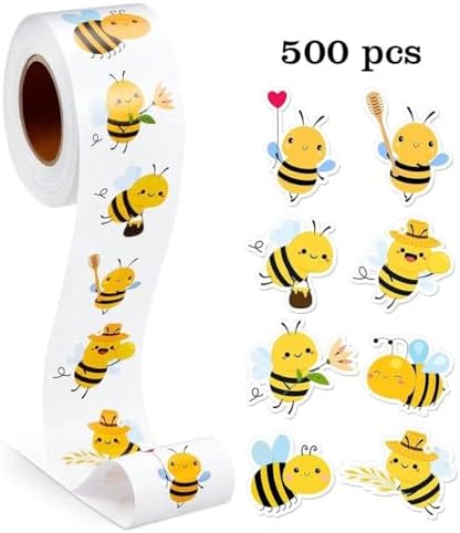 500PCS Cute Bee Stickers Roll Waterproof Vinyl Cartoon Decals Adhesive Honeybee Stickers for Kids Party Scrapbooking Gift Bags Envelopes Crafts Teens Adults Water Bottle Notebook Luggage Phone Case